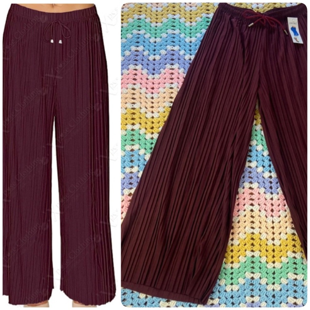 NWT New Burgundy Pleated Palazzo Wide Leg Accordion Pleat Pleated Pants M/L